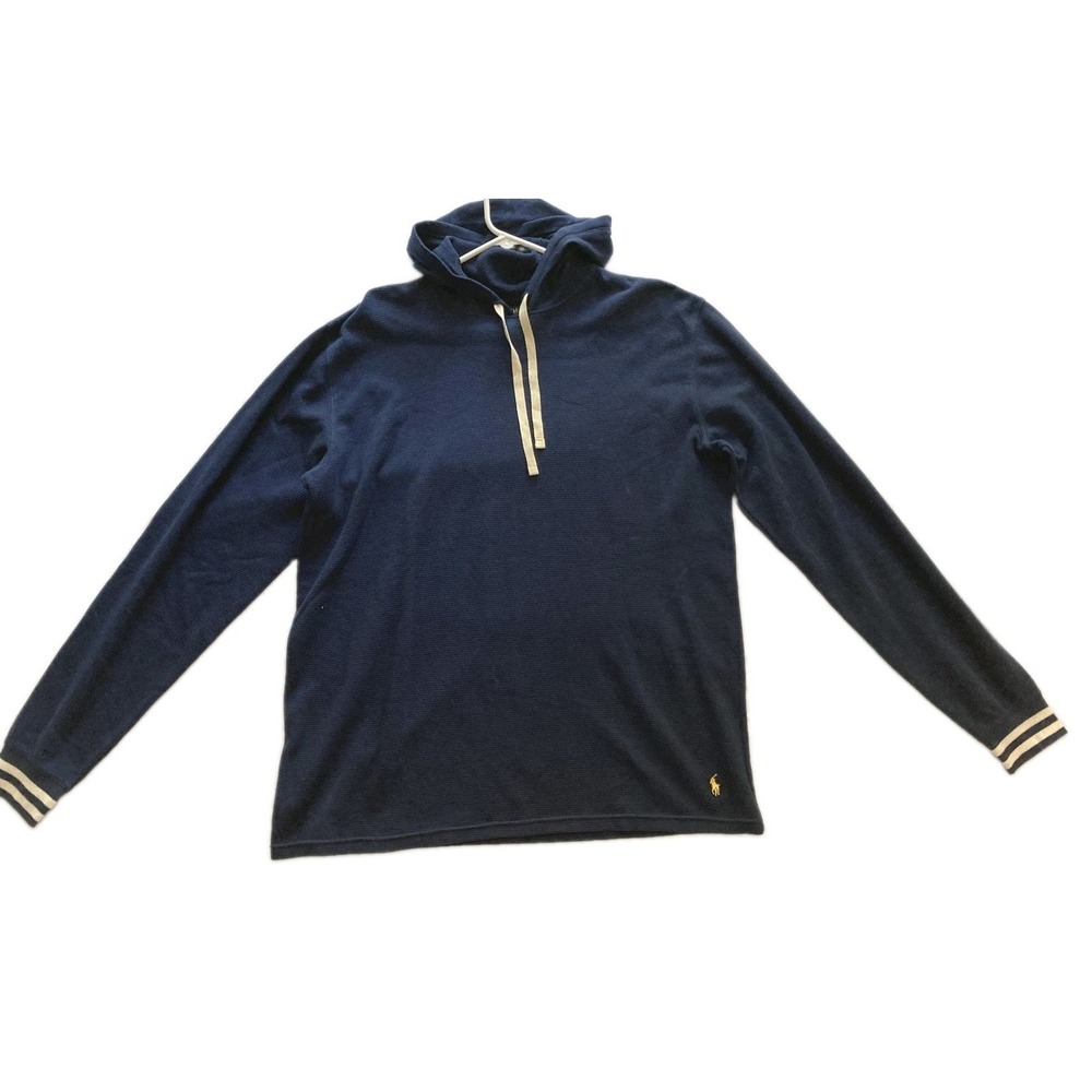 Polo Ralph Lauren Sweater Mens L Navy Hooded Waffle Knit Thermal Pullover Pony